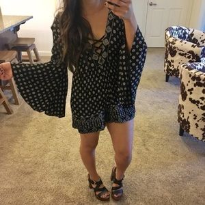 Boho black bell sleeve romper